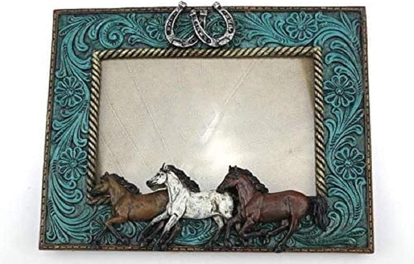Comfy Hour Western Retro Collection - 6"x5" Photograph Frame with Running Horses and Horseshoes, Blue