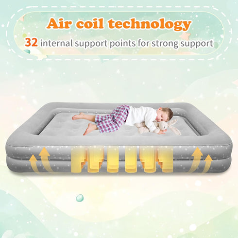 EQURROY 4-7 Air Mattress for Kids Years - Toddler Travel Bed with Built-in Pump, Sides for Safety, Ultra Soft Plush