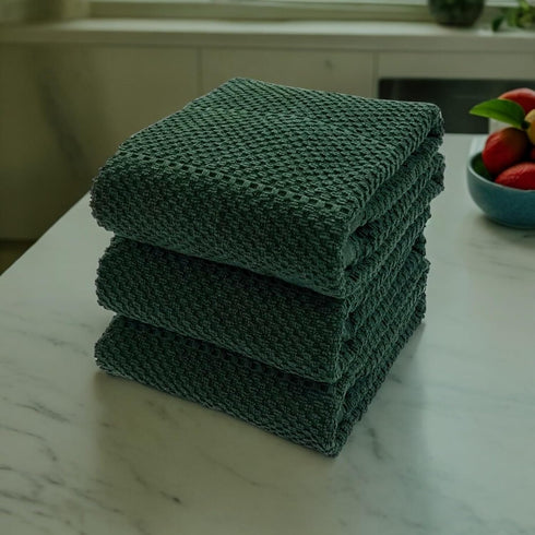 Textured Dark Green Kitchen Dish Towels, 100% Cotton Cloth, Soft Absorbent Terry Ribbed Loop: Set of 3 for Everyday Use