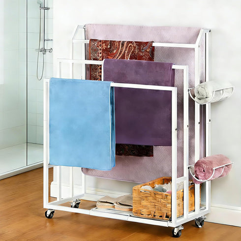 6 Freestanding Towel Rack for Bathroom Rolling Towel Storage Cart On Wheels Blanket Ladder with Shelf & Hooks, Outddoor