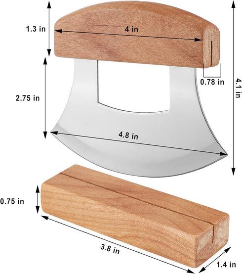 Hanaive 2 Pack 4 x 5 inch Mezzaluna Ulu Knife Salad Veggies Rocker Chopper Slicer Cutter Mezzaluna Knife with Wooden Display Stand for Kitchen Cutting Chopping Knives Chef Cleaver by Hanaive