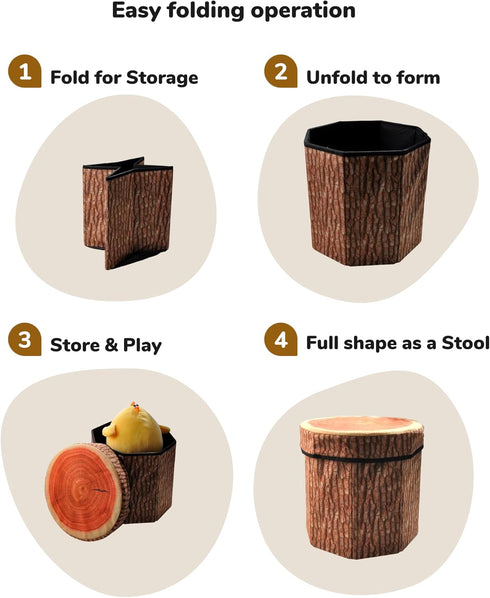 CHEFAN Fruit Storage Stool Ottoman,Tree Stump Stool, Cute Folding Storage Toy Box, Collapsible Seat Chest, Wood Stump