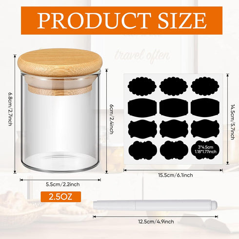Glass Spice Jars with Bamboo Airtight Lids Labels and Chalk Marker Food Storage Container Clear Spice Storage Bottle for Kitchen, Spice, Herbs, Seasoning, Seed, Tea, Sugar (12 Pcs,2.5 oz)