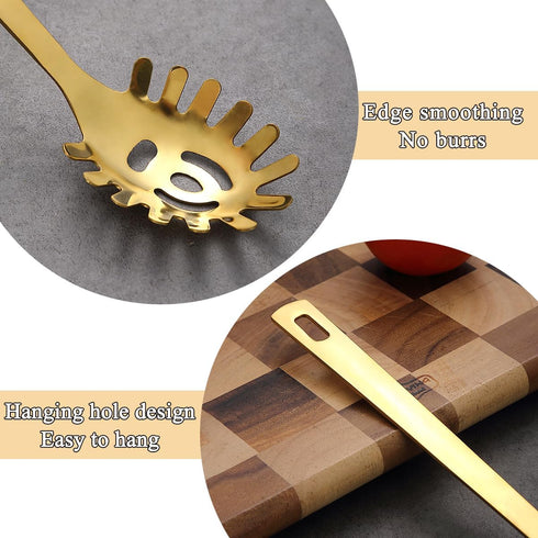 ReaNea Gold Spaghetti Spoon, Pasta Server, Stainless Steel Pasta Spoon with Teeth, One-Piece Metal Pasta Fork, Noddle