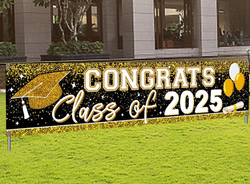 2025 Graduation Decorations - Gold Class of 2025 Banner and Yard Signs for Graduate Party Supplies