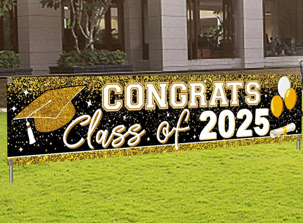 2025 Graduation Decorations - Gold Class of 2025 Banner and Yard Signs for Graduate Party Supplies