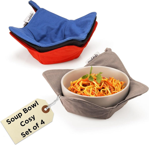 Muldale Soup Bowl Cozy Koozies for Hot Food - Set of 4 Microwave Bowl Holders, Heat Resistant, Machine Washable