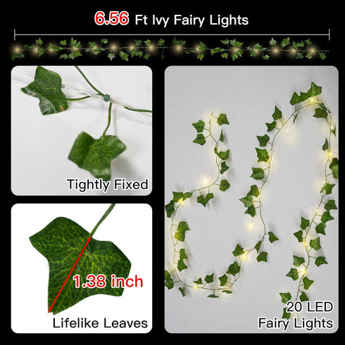 20 6.56FT suddus Fake Vines with Lights Battery Operated, LED Ivy Garland Fairy Lights with Timer, Leaf String Lights