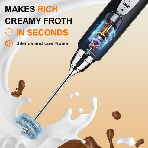 YUSWKO Black Handheld Milk Frother Wand with Stand, Rechargeable Electric Whisk with 3 Heads, 3 Speeds Drink Mixer