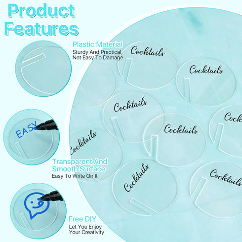 120 Pcs Acrylic Disc Drink Tags, Circle Cocktail Drinking Tags, DIY Wine Drink Names with 4 Highlighters