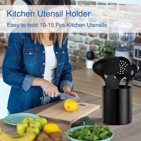 Modern Ceramic Utensil Holder for Kitchen Countertop, 6.5”H x 5.5”D Black Cooking Utensil Organizer