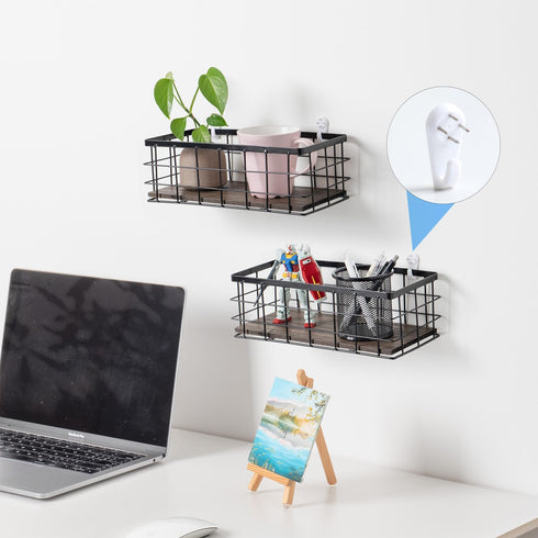 ROSE BLOOM Small Metal Wire Storage Basket: Decorative Wood Base Organizer for Bathroom, Kitchen, Wall Mounted or