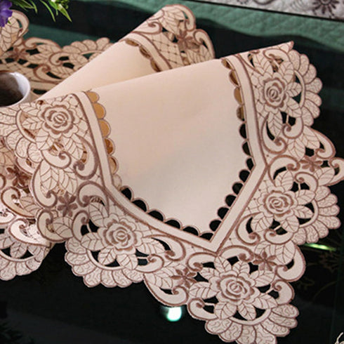 15" 69" X Vintage Flower Embroidered Table Runner, Classic Polyester Lace Cream Floral Dresser Scarves Party Dining
