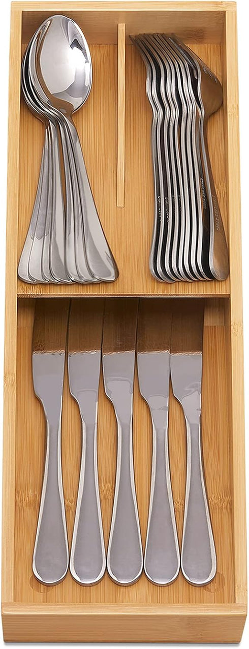 Bamboo Silverware Drawer Organizer, Kitchen Cutlery Tray, Utensil Holder for Spoons, Forks, Knives