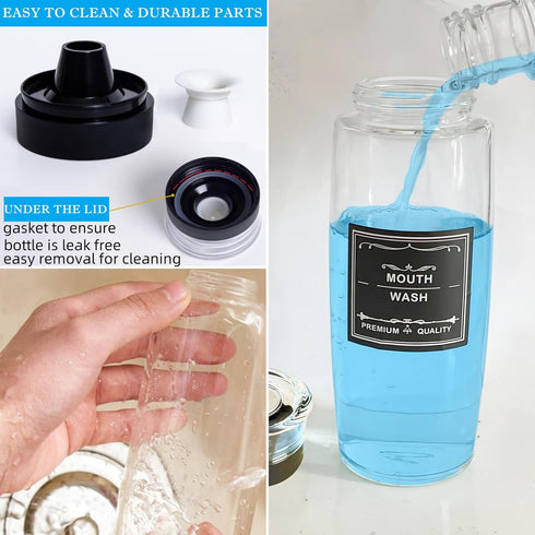 Suaetiai 2 Pack 9.5 OZ Countertop/8 Glass Mouthwash Dispenser, Leakproof Mouth Wash Container Bottle with Cup Lid