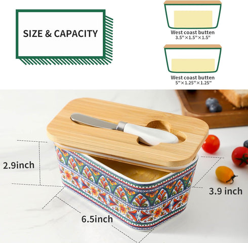 Countertop, Butter Dish with Lid for Hasense Large Ceramic Bohemian Butter Container Keeper Holder with Cover and Knife