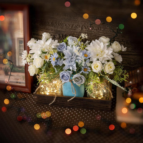 3PCS LUEUR Artificial Flowers Blue Dahlia in Mason Jars with Wood Tray for Dining Table Coffee Table Farmhouse Home