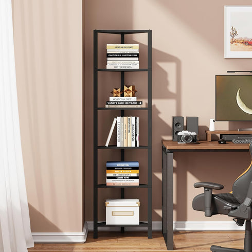 6-Tier BS05BK006 TUTOTAK Corner Shelf, Corner Bookshelf for Small Space, Narrow Display Corner Shelf Stand with Storage