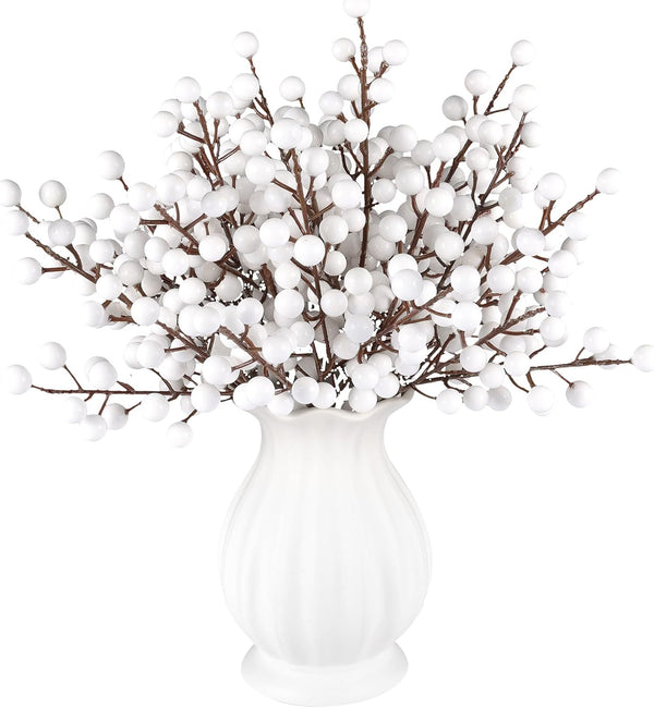 Rowfad 40 Pcs Artificial Berry Stems Branches, Christmas White Faux Holly Berries