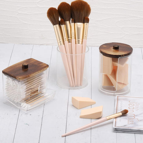 Tbestmax Bathroom Organizer Accessories Set, 10 OZ, 7 OZ Qtips Holder with Wood Lids, 3 Pcs