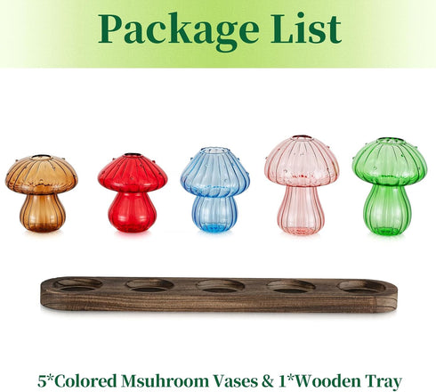 Set 5 Glass Propagation Station for Plant: Mushroom Planter with Wooden Stand for Home Office Decor - Unique