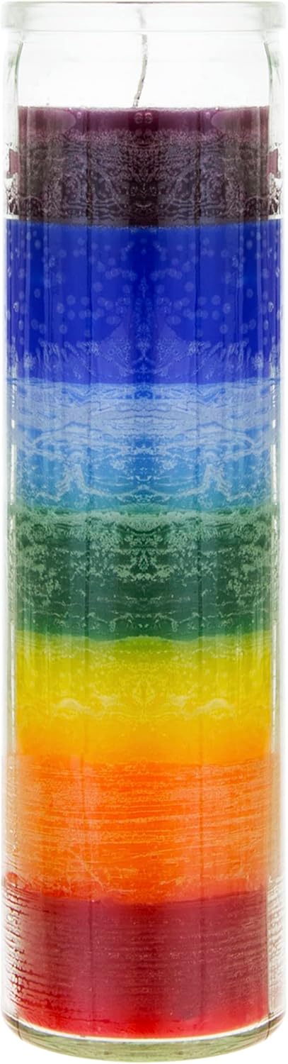 Mega Candles 1 pc Unscented Multi Color Chakra Glass Devotional Prayer Candle - Hand Poured Premium Wax, 2 Inch x 8 Inch