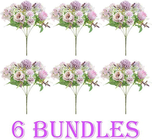 6 Pack Artificial Flowers, Realistic Fake Faux Peony Silk Hydrangea Plastic Carnations Daisy Arrangements for Wedding