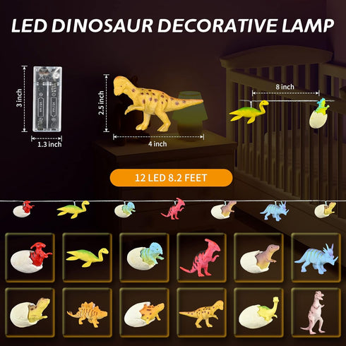 LED Dinosaur String Lights, Battery Operated for Bedroom, Boys Room, Tent, Garden, Patio, Christmas Tree Decor (12 LED