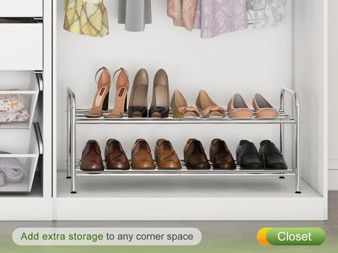 2-Tier 100% Steel,4-Rod Closet (15" 27", Expandable Shoe Rack - Stainless Extendable & Adjustable Feet | Simple