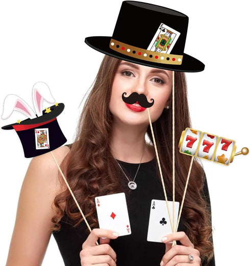 25Pcs Casino Photo Booth Props with Stick, Las Vegas Theme Selfie Props for Poker Night Birthday Party Supplies