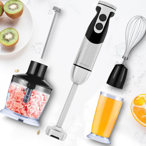 MegaWise Pro Titanium Reinforced 5-in-1 Immersion Hand Blender, Powerful Motor with 80% Sharper Blades, 12-Speed Corded Blender, Including 500ml Chopper, 600ml Beaker, Whisk and Milk Frother (black) by MEGAWISE