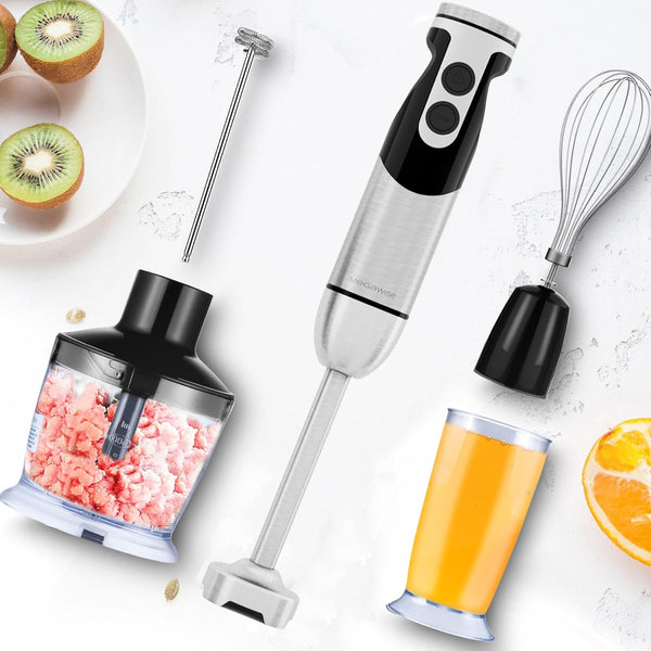 MegaWise Pro Titanium Reinforced 5-in-1 Immersion Hand Blender, Powerful Motor with 80% Sharper Blades, 12-Speed Corded Blender, Including 500ml Chopper, 600ml Beaker, Whisk and Milk Frother (black) by MEGAWISE