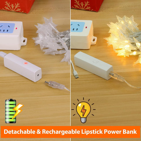 17FT 50LED 8 Lakumu Star String Lights Battery Operated, LED Star Fairy Lights Rechargeable, Twinkle Lights with Modes