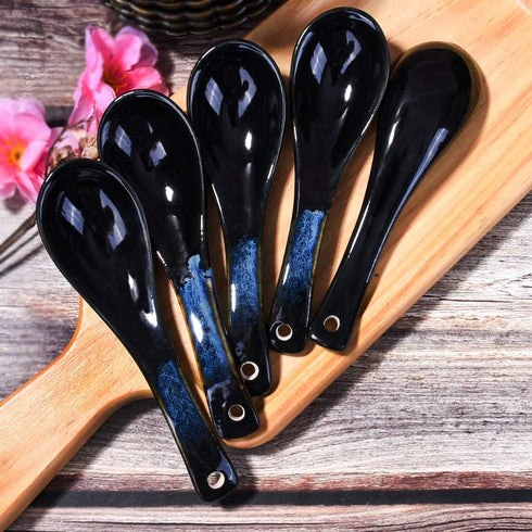 Japanese Ceramic Soup Spoon Set of 5, Blue and Black Table Spoons for Meals, Soups, Ice Creams, Microwave Safe