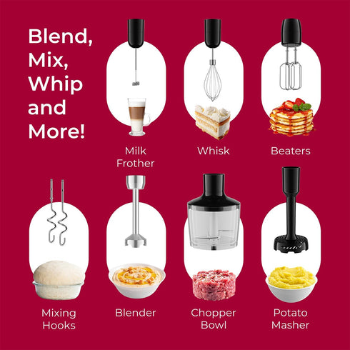 Immersion Hand Blender Full Kitchen Set - 8 Speed Blender with 7 Attachments: Whisk, Beater, Chopper Bowl, Stainless