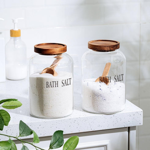 1 Sets 74 oz SiliFine Large Bath Salt Container with Wooden Scoop for Glass Bath Salt Jar with Airtight Lid Storage