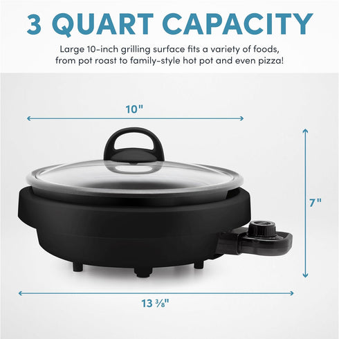 Aroma Housewares ASP-137B 3Qt. 3-in-1 Electric Indoor Grill - Portable, Dishwasher Safe, Black with 10 in. Nonstick Pan