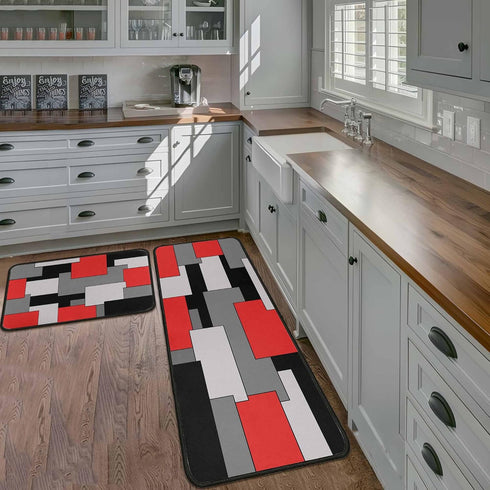 Set 2- 17x47.2 17x30 inches Kitchen Rugs of Red, Black, and Grey Modern Geometric Non-Slip Washable Floor Mats