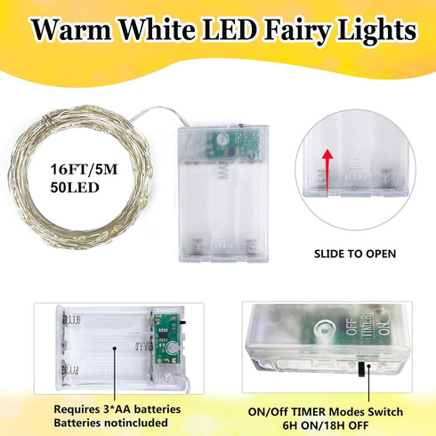 6-Pack 16FT 50 Fairy Lights Battery Operated with Timer, Waterproof LED String Lights Indoor Outdoor, Cuttable Starry