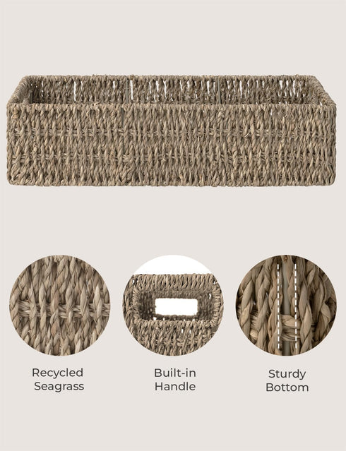 StorageWorks Seagrass Baskets with Built-in Handles, Bathroom Decor Box for Toilet Tank Top, 14 ¼"L x 6 ½"W
