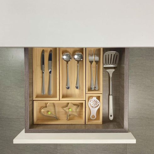 Teicui 5-Piece Pure Bamboo Drawer Organizer Set, Suitable for Kitchen Silverware, Makeup, Desk Organization