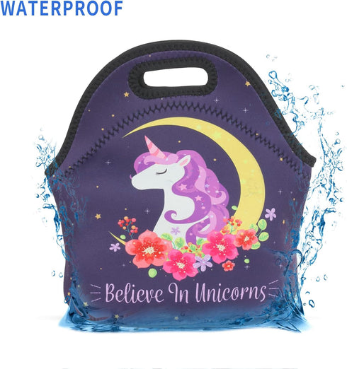 Violet Mist Cute Neoprene Lunch Bag, Insulated Tote Black Unicorn Reusable Lunch Box for Women