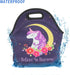 Violet Mist Cute Neoprene Lunch Bag, Insulated Tote Black Unicorn Reusable Lunch Box for Women