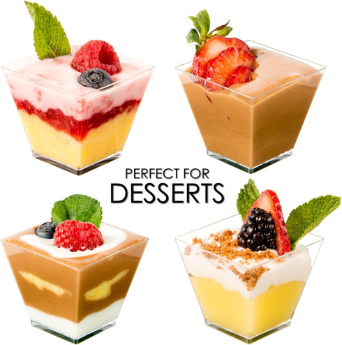 DLux 50 x 2oz Square Mini Dessert Cups with Spoons, Clear Plastic Parfait Appetizer Cup for Tasting Party