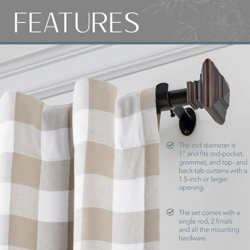 Elrene Home Fashions Florence Single Curtain Rod - Stacked Square Finials, 1" Diameter, Antique Bronze