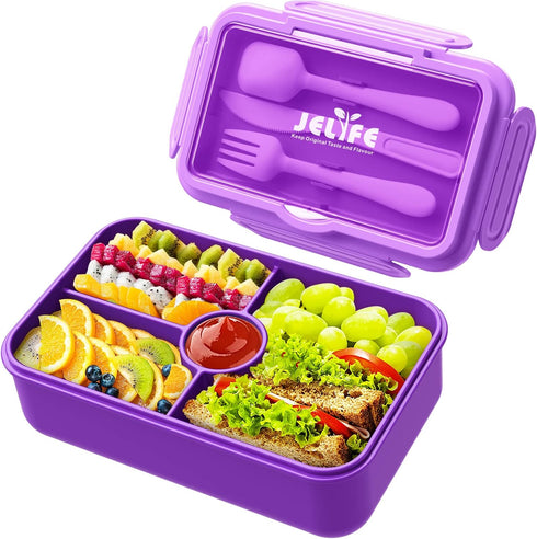 Jelife Lunch Box Kids Bento Box, Large Leakproof 4 Compartments Lunchbox with Utensils for Back to School, Purple
