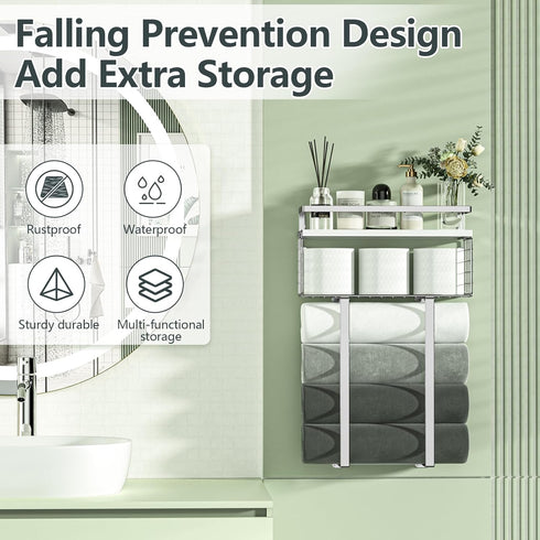 Towel Racks for Bathroom, Floating Shelves with Towel Rack and Paper Holder, Over Toilet Storage, Silver