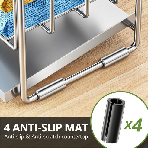 2-Tier Countertop Cisily Silver Kitchen Sink Caddy Organzier Rack with Flexible Dish Brush Holder, Sponge Holder