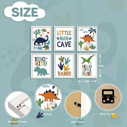 6 Pack 8x10 Inch, ArtbyHannah Dinosaur Nursery Decor,Framed Dinosaur Wall Art for Boys Room, Cute Baby Bedroom Wall