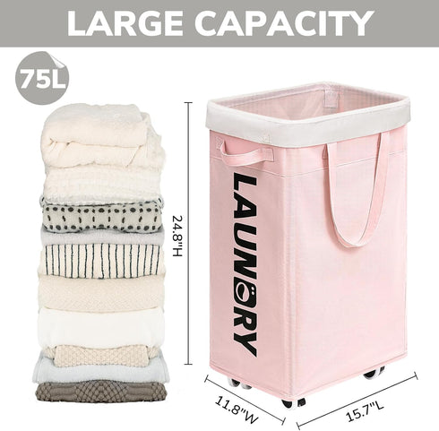 Goodpick Pink Laundry Baskets with Wheels, 2-Pack 75L Rolling Laundry Basket with Removable Wash Bags